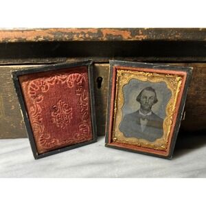 Antique VTG 1800s Copper TinType Portrait Photo Miniature 3" Case Velvet Insert